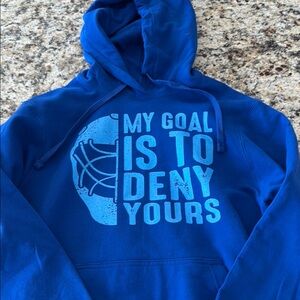 Blue Graphic Hoodie goalie men’s medium. Perfect for a hockey goalie.